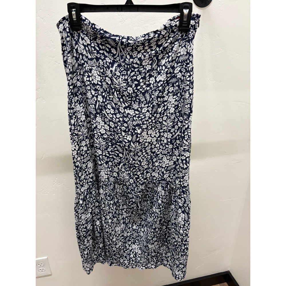 Joules Navy Blue White Floral Hare Print Midi Skirt Size 8 Viscose Ruffle Hem